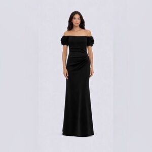 Xscape Black Off Shoulder Gown SZ 4 NWT Rosette Sleeve Formal Maxi Dress GALA